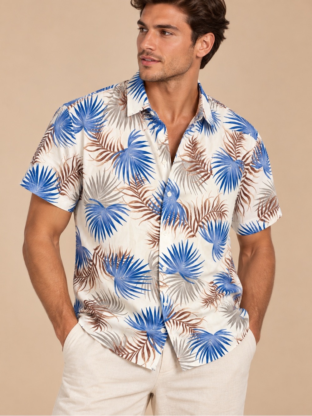 SHEIN Tropical Palm Leaf Short Sleeve Button Down Shirt Size M